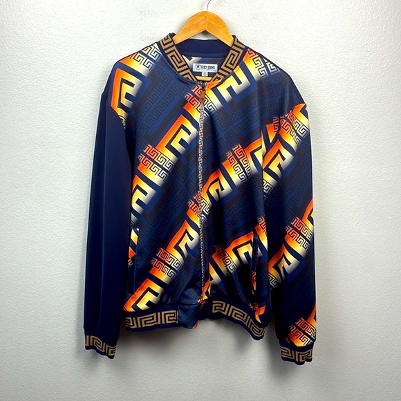 Stacy Adams Track Jacket Greek Key Detail Zip Up Pockets Blue/Orange Coat XXL - Picture 1 of 8